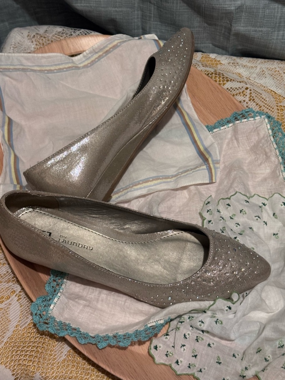 CL by Laundry Metallic Silver Pointed Toe Flats with Rhinestones